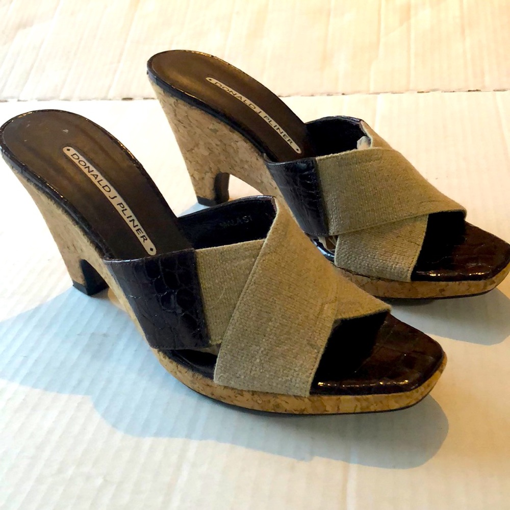 Donald Pliner Shoes Cork Wedge Sandals Slides Brown Tan SZ 7.5